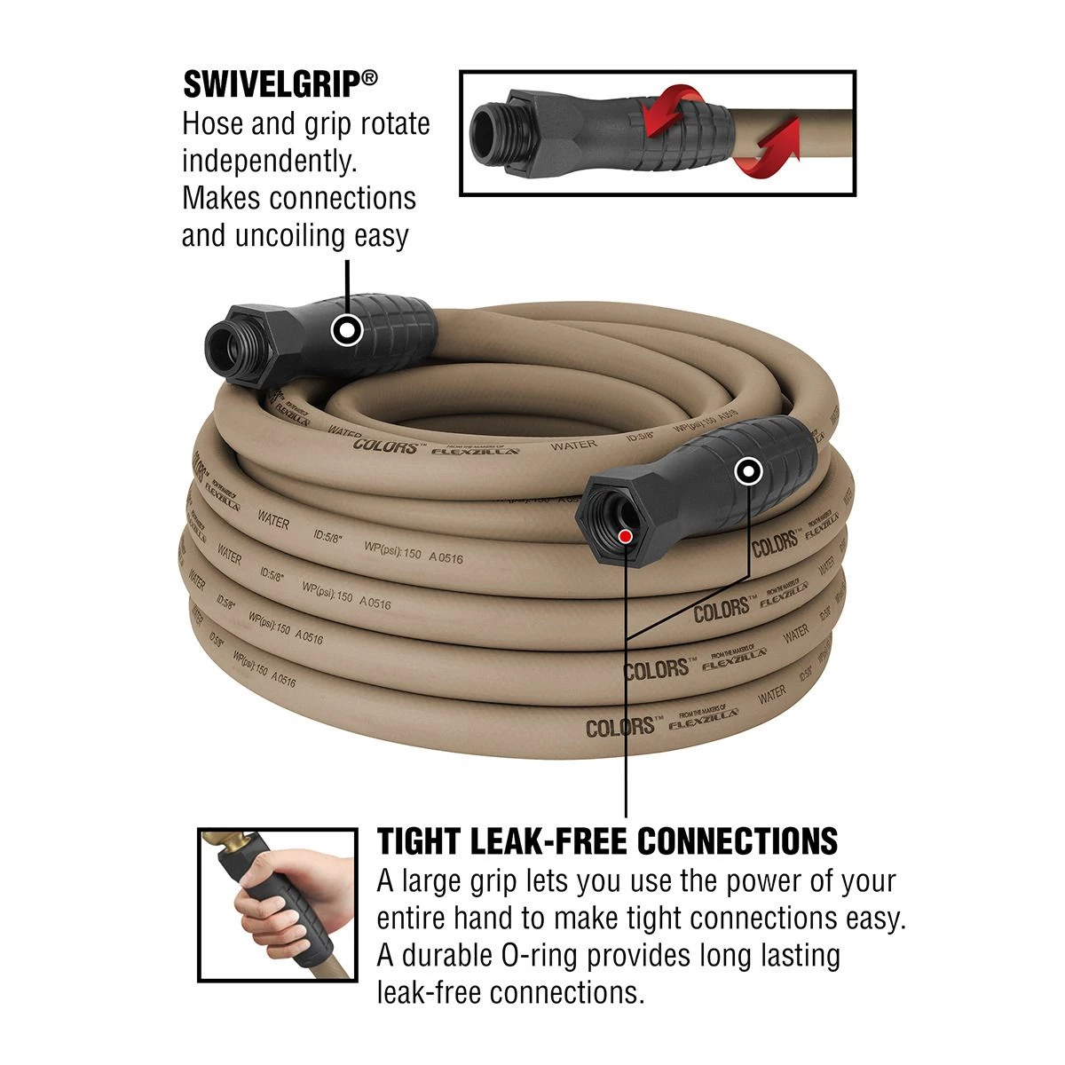 Colors SwivelGrip Garden Hose, 3/4 IN - 11 1/2 IN GHT Fittings, Brown Mulch, HFZC550BRS, 5/8 IN x 50 FT 4 Colors SwivelGrip Garden Hose, 3/4 IN - 11 1/2 IN GHT Fittings, Brown Mulch, HFZC550BRS, 5/8 IN x 50 FT - Image 2
