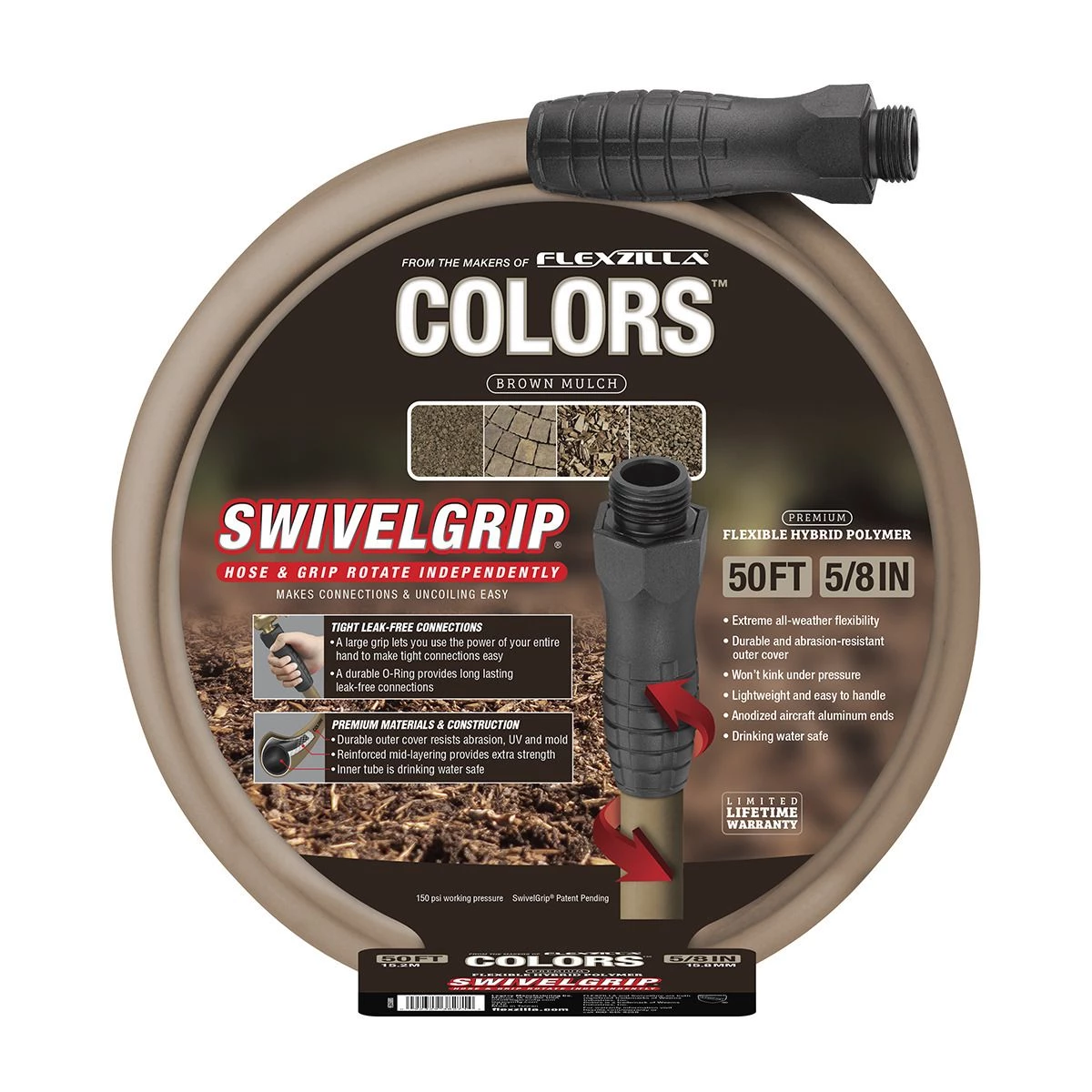 Colors SwivelGrip Garden Hose, 3/4 IN - 11 1/2 IN GHT Fittings, Brown Mulch, HFZC550BRS, 5/8 IN x 50 FT 5 Colors SwivelGrip Garden Hose, 3/4 IN - 11 1/2 IN GHT Fittings, Brown Mulch, HFZC550BRS, 5/8 IN x 50 FT - Image 3