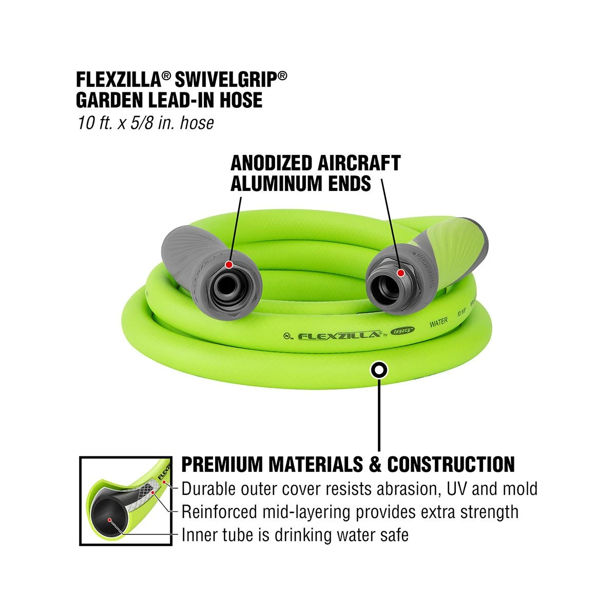 Flexzilla SwivelGrip Garden Lead-in Hose, 3/4 IN - 11 1/2 IN GHT Fittings, ZillaGreen, HFZG510YWS, 5/8 IN x 10 FT 4 Flexzilla SwivelGrip Garden Lead-in Hose, 3/4 IN - 11 1/2 IN GHT Fittings, ZillaGreen, HFZG510YWS, 5/8 IN x 10 FT - Image 2
