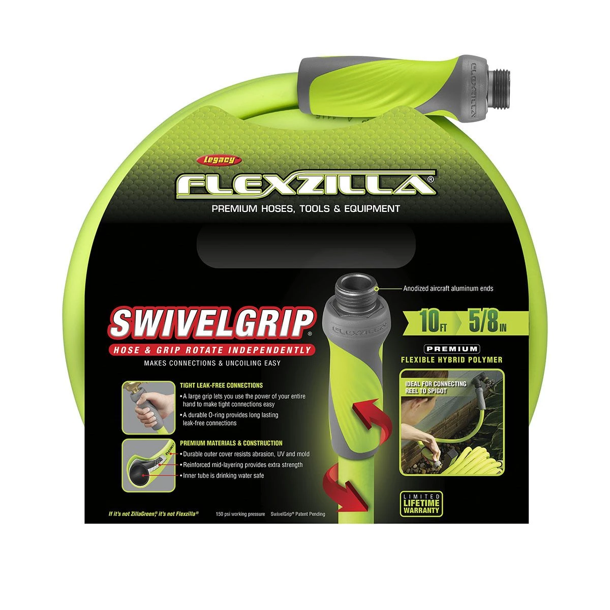 Flexzilla SwivelGrip Garden Lead-in Hose, 3/4 IN - 11 1/2 IN GHT Fittings, ZillaGreen, HFZG510YWS, 5/8 IN x 10 FT 6 Flexzilla SwivelGrip Garden Lead-in Hose, 3/4 IN - 11 1/2 IN GHT Fittings, ZillaGreen, HFZG510YWS, 5/8 IN x 10 FT - Image 4