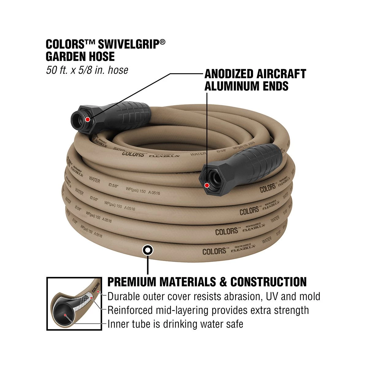 Colors SwivelGrip Garden Hose, 3/4 IN - 11 1/2 IN GHT Fittings, Brown Mulch, HFZC550BRS, 5/8 IN x 50 FT 6 Colors SwivelGrip Garden Hose, 3/4 IN - 11 1/2 IN GHT Fittings, Brown Mulch, HFZC550BRS, 5/8 IN x 50 FT - Image 4