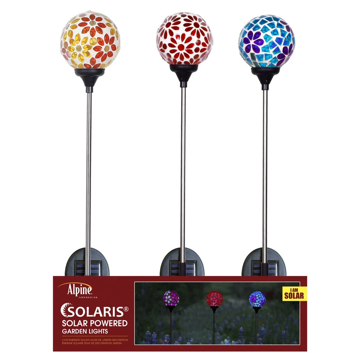 Alpine Solar Glass Mosaic Daisy Garden Stake with LEDs, Assorted Colors, QLP1396ABB 3 Alpine Solar Glass Mosaic Daisy Garden Stake with LEDs, Assorted Colors, QLP1396ABB