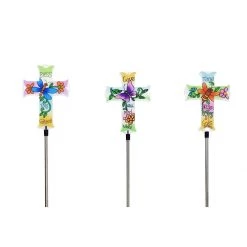 Alpine Solar Floral Cross Garden Stake, Assorted Styles, RGG454A